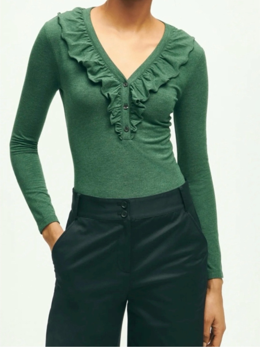NWOT Brooks Brothers Green Ruffle V-Neck Long Sleeve Top